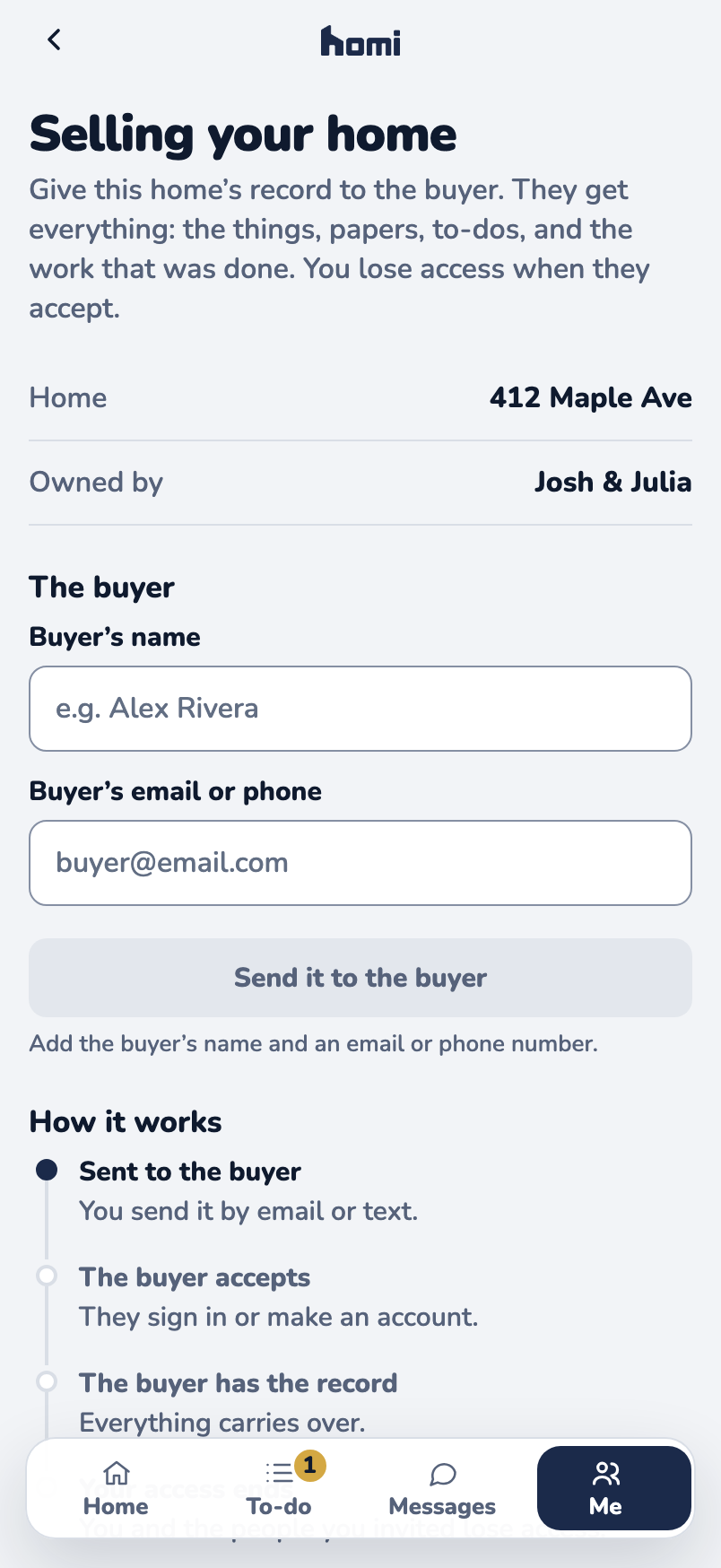 Selling your home in Homi: the home and its owners, fields for the buyer’s name and email or phone, a Send it to the buyer button, and four steps from sending the record to your access ending.